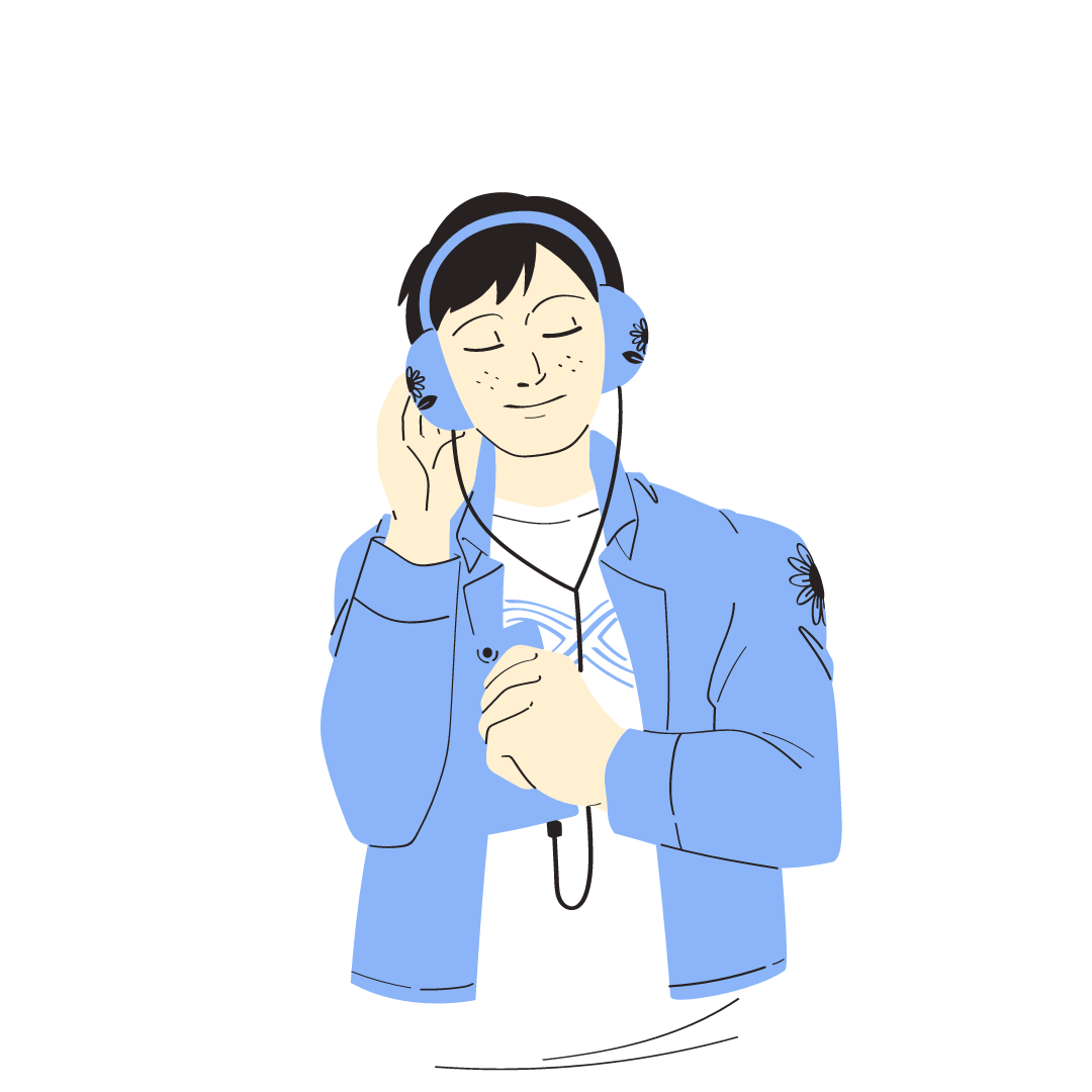 A clip art of a person listening to an audiobook