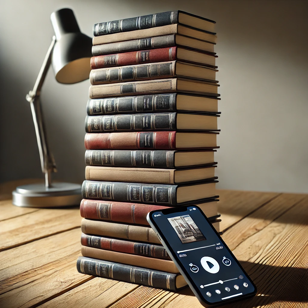 A pillar classic books on a wooden table with a smartphone displaying a short classic audiobook.